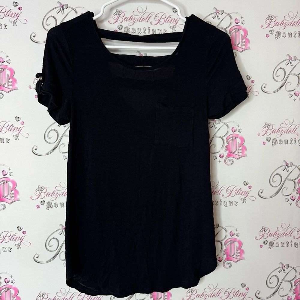 Zenana outfitters strappy buttons gold Classic Black shirt stretchy Top